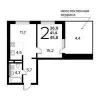 Планировка двухкомнатной(квартира) площадью 45.8 квадратных метров в “Новые Ватутинки. Заречный”