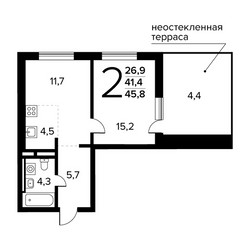 Планировка двухкомнатной(квартира) площадью 45.8 квадратных метров в ЖК “Новые Ватутинки. Заречный”