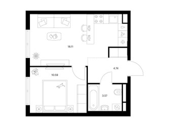 Планировка однокомнатной(квартира) площадью 37.01 квадратных метров в ЖК “ЖК Ильинские луга”