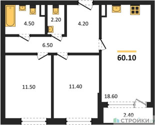 Планировка двухкомнатной(квартира) площадью 60.1 квадратных метров в ЖК “ЖК Прокшино”