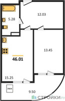 Планировка однокомнатной(квартира) площадью 46.01 квадратных метров в “ЖК Дом‐Мегалит в Королёве”