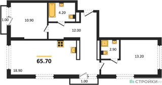 Планировка двухкомнатной(квартира) площадью 65.7 квадратных метров в “ЖК Первый квартал”