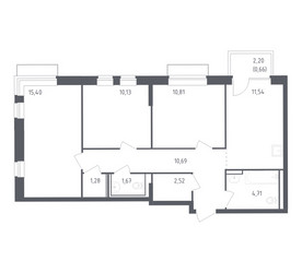 Планировка трехкомнатной(квартира) площадью 69.41 квадратных метров в ЖК “ЖК Рублевский Квартал”