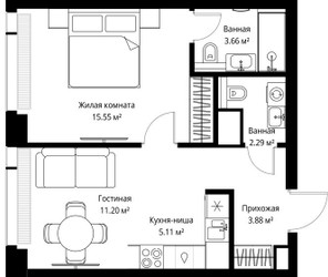 Планировка однокомнатной(квартира) площадью 41.69 квадратных метров в ЖК “ЖК Веер”