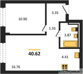 Планировка однокомнатной(квартира) площадью 40.62 квадратных метров в ЖК “ЖК Молжаниново”