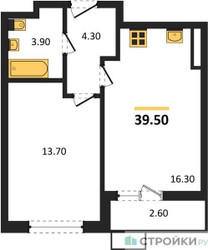 Планировка однокомнатной(квартира) площадью 39.5 квадратных метров в ЖК “ЖК Прокшино”