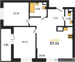 Планировка двухкомнатной(квартира) площадью 57.11 квадратных метров в “ЖК Светлый мир Станция Л”