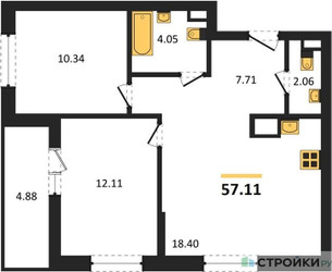 Планировка двухкомнатной(квартира) площадью 57.11 квадратных метров в ЖК “ЖК Светлый мир Станция Л”