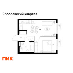 Планировка однокомнатной(квартира) площадью 32.3 квадратных метров в ЖК “Ярославский квартал”