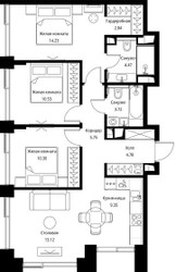 Планировка трехкомнатной(квартира) площадью 79.09 квадратных метров в ЖК “ЖК Сити Бэй”