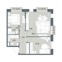 Планировка трехкомнатной(квартира) площадью 67.1 квадратных метров в ЖК “ЖК Станиславский”