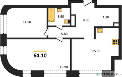 Планировка двухкомнатной(квартира) площадью 64.1 квадратных метров в “ЖК Shagal (Шагал)”