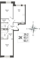 Планировка двухкомнатной(квартира) площадью 63.1 квадратных метров в “ЖК КИНОКВАРТАЛ”