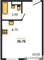 Планировка студии(апартаменты) площадью 26.76 квадратных метров в “ЖК Движение. Говорово”