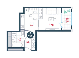 Планировка студии(квартира) площадью 33 квадратных метров в ЖК “ЖК РУСИЧ-Кантемировский”