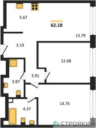 Планировка двухкомнатной(квартира) площадью 62.18 квадратных метров в ЖК “ЖК TATE (Тэйт)”