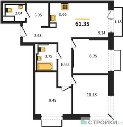 Планировка трехкомнатной(квартира) площадью 61.35 квадратных метров в ЖК “ЖК Долина Яузы”