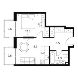 Планировка двухкомнатной(апартаменты) площадью 45.5 квадратных метров в ЖК “Апарт-комплекс Аквилон Сигнал”