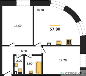 Планировка двухкомнатной(квартира) площадью 57.8 квадратных метров в ЖК “ЖК ЗИЛАРТ”
