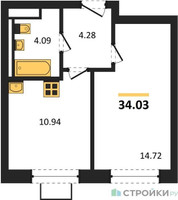 Планировка однокомнатной(квартира) площадью 34.03 квадратных метров в “ЖК Квартал Западный”