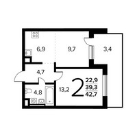 Планировка двухкомнатной(квартира) площадью 42.7 квадратных метров в “Новые Ватутинки. Заречный”