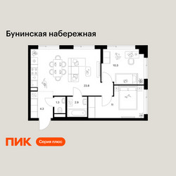 Планировка двухкомнатной(квартира) площадью 53.6 квадратных метров в ЖК “Бунинская набережная”