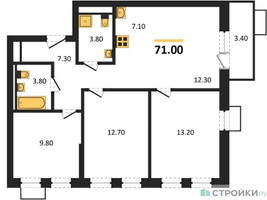 Планировка трехкомнатной(квартира) площадью 71 квадратных метров в “ЖК Скандинавия”