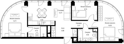 Планировка трехкомнатной(квартира) площадью 76.98 квадратных метров в ЖК “ЖК Сити Бэй”