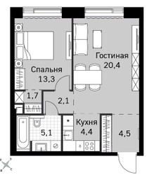 Планировка двухкомнатной(квартира) площадью 51.5 квадратных метров в ЖК “ЖК Amber City (Амбер Сити)”