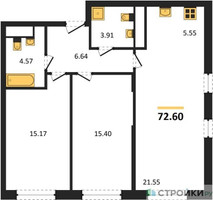 Планировка двухкомнатной(квартира) площадью 72.6 квадратных метров в “ЖК Self (Селф)”