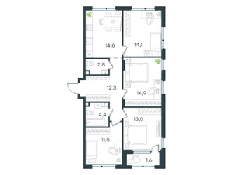 Планировка 4+ комнатной(квартира) площадью 88.6 квадратных метров в ЖК “ЖК Level Лесной”