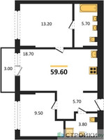 Планировка двухкомнатной(квартира) площадью 59.6 квадратных метров в “ЖК Первый квартал”