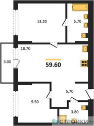 Планировка двухкомнатной(квартира) площадью 59.6 квадратных метров в ЖК “ЖК Первый квартал”