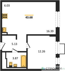 Планировка однокомнатной(квартира) площадью 43.68 квадратных метров в ЖК “ЖК Молжаниново”
