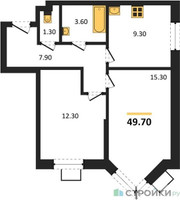 Планировка двухкомнатной(квартира) площадью 49.7 квадратных метров в “ЖК Видный берег 2”