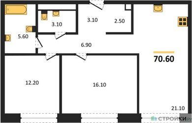 Планировка двухкомнатной(квартира) площадью 70.6 квадратных метров в ЖК “ЖК Мариин Парк”