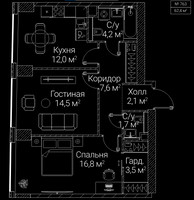 Планировка двухкомнатной(квартира) площадью 62.4 квадратных метров в “ЖК СЕЗАР БУДУЩЕЕ”