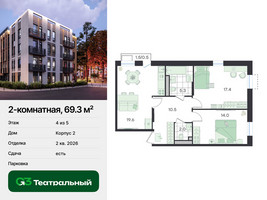 Планировка двухкомнатной(квартира) площадью 69.3 квадратных метров в “ЖК Театральный”