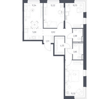 Планировка трехкомнатной(квартира) площадью 76.38 квадратных метров в “ЖК Богдановский Лес”