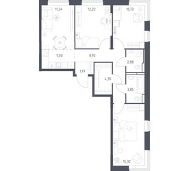 Планировка трехкомнатной(квартира) площадью 76.38 квадратных метров в ЖК “ЖК Богдановский Лес”