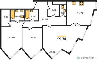 Планировка трехкомнатной(квартира) площадью 99.7 квадратных метров в “ЖК Резиденция Сокольники”