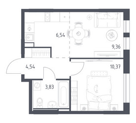Планировка однокомнатной(квартира) площадью 34.64 квадратных метров в ЖК “ЖК Остафьево”