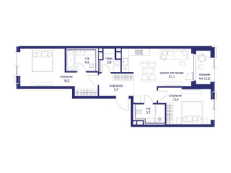 Планировка двухкомнатной(квартира) площадью 71.6 квадратных метров в ЖК “ЖК Событие”