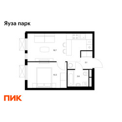 Планировка однокомнатной(квартира) площадью 33.7 квадратных метров в ЖК “ЖК Яуза Парк (Мытищи)”
