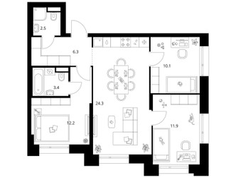Планировка трехкомнатной(квартира) площадью 70.7 квадратных метров в ЖК “ЖК Середневский лес”