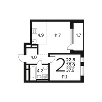 Планировка двухкомнатной(квартира) площадью 37.6 квадратных метров в “Новые Ватутинки. Заречный”