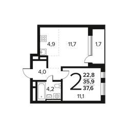 Планировка двухкомнатной(квартира) площадью 37.6 квадратных метров в ЖК “Новые Ватутинки. Заречный”