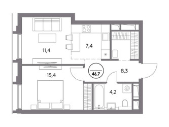 Планировка однокомнатной(квартира) площадью 46.7 квадратных метров в ЖК “ЖК Дом 56”