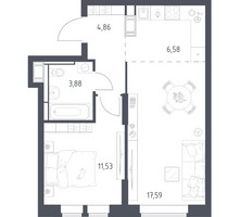 Планировка однокомнатной(квартира) площадью 44.44 квадратных метров в “ЖК Большое Путилково”