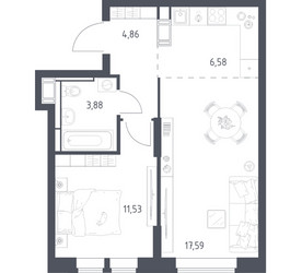 Планировка однокомнатной(квартира) площадью 44.44 квадратных метров в ЖК “ЖК Большое Путилково”